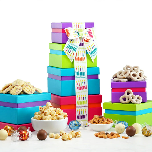 Broadway Basketeers Gourmet Chocolate Gift Tower - Birthday Snack Box with Sweet and Savory Treats
